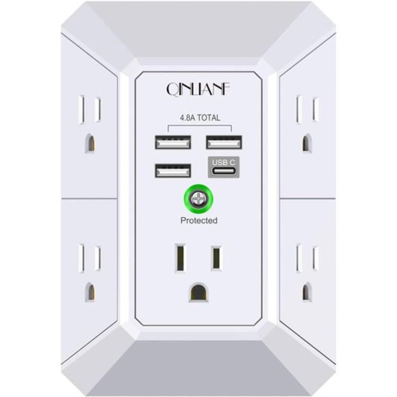 Wall Charger, Surge Protector, 5 Outlet Extender with 4 USB Charging Ports - Picture 1 of 6